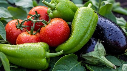 A basket of fresh, ripe, red tomatoes and green cucumbers sits next to vegetables on the table, embodying healthy, organic food and vegetarian freshness