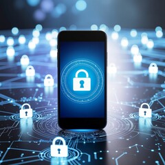 A futuristic concept of mobile cybersecurity, showcasing a smartphone with a glowing padlock icon for data protection on a digital network