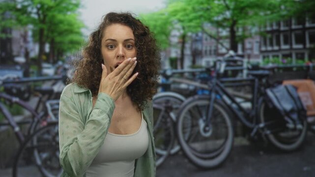 Woman with hand covering mouth on amsterdam street by parked bicycles and canal railing; surprise concern.