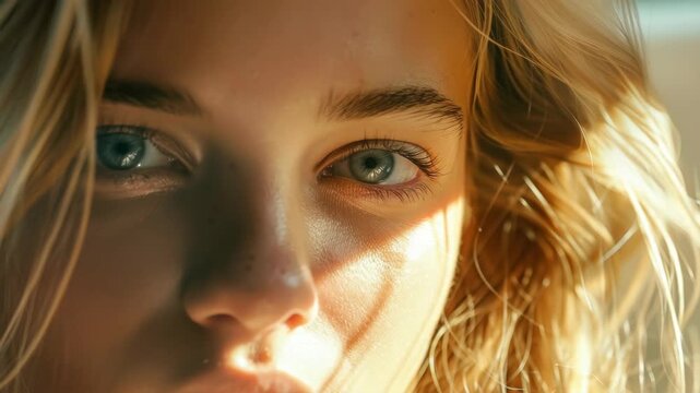 Beautiful young woman with long blonde hair and blue eyes looking at the camera in profile, with sunlight filtering through her hair.