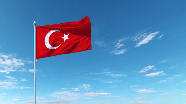 A vibrant Turkey flag proudly flutters in the breeze under a bright blue sky. This scene symbolizes national pride and sovereignty in Tunisia.