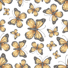 Watercolor Monarch butterfly seamless pattern, insect repeat paper, wild life print