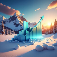 A rising blue financial graph symbolizing economic growth and success amidst a snowy mountain landscape at sunrise