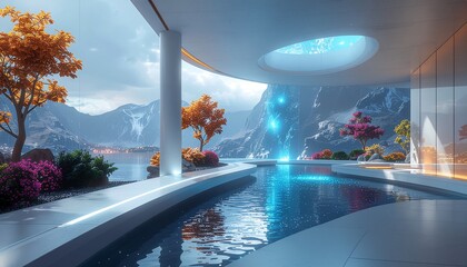 Elegant futuristic residence with an indoor-outdoor swimming pool and scenic mountain vistas overlooking a tranquil lake during autumn
