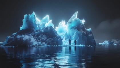 A magnificent, surreal blue iceberg glowing from within illuminates the dark arctic waters as two silhouetted figures stand in awe