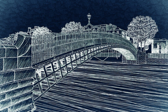 The most famous bridge in Dublin called Half penny bridge due to the toll charged for the passage - toned hand sketch concept
