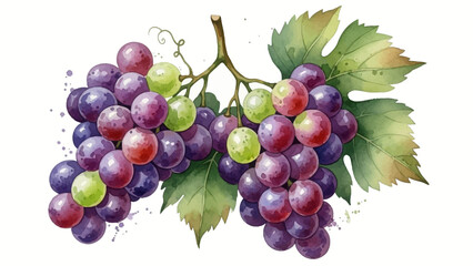 Vibrant watercolor illustration of fresh purple and green grapes on a vine, capturing the essence of natural sweetness and healthy organic fruit