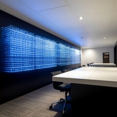 Professional business conference space featuring contemporary furniture and a glowing digital data cube wall display for meetings