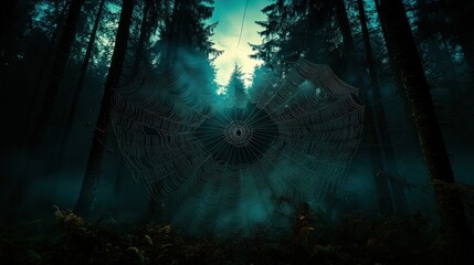Enormous spiderweb hangs in a dark, misty forest.