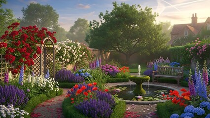 Colorful pink flowers bloom in a summer garden path among plants and green grass, creating a beautiful nature landscape