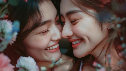 A warm and intimate scene of two friends sharing a joyful moment together amidst beautiful flowers. Their radiant smiles convey happiness and the sweetness of their friendship.