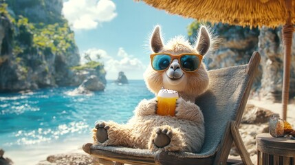 Fototapeta premium Happy llama relaxing on beach lounger, drinking beverage, wearing sunglasses.