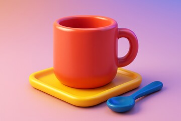 Bright red coffee mug on yellow square saucer with blue spoon on soft gradient background for product mockup and branding display concept. Ai generative