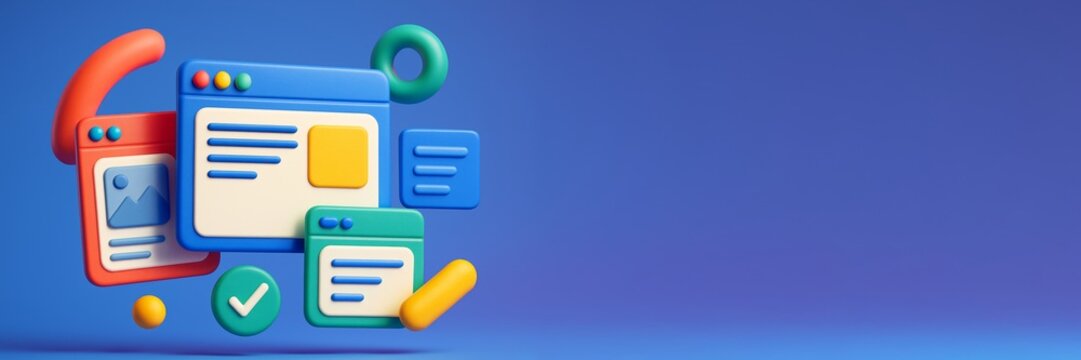 Colorful abstract 3D UI elements floating on left side with blue gradient background and empty space for text or design template concept. Ai generative