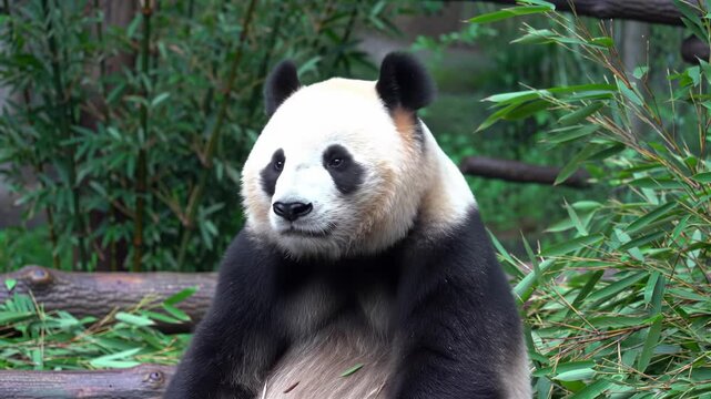 Adorable panda bear sitting in bamboo forest, looking forward, great for educational content