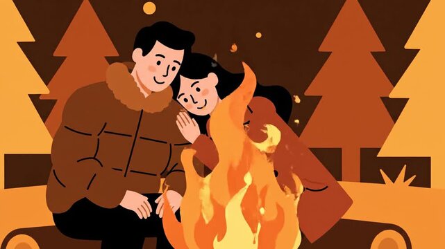 Couple Bonding Near a Campfire Under the Autumn Trees at Dusk, Vector Illustration