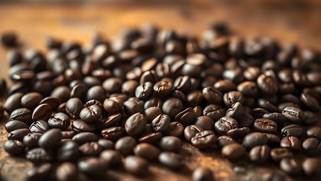 Fresh coffee beans on wood with steam, evoking warmth and rich aroma.