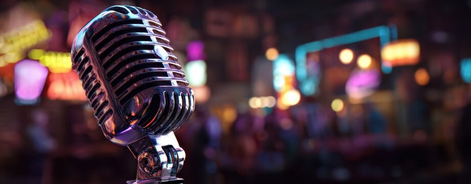 The microphone on a vintage stage amid neon bokeh lights in a bar