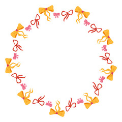 Obraz premium Whimsical bows circle frame with yellow, red and pink ribbons. Vector hand drawn cartoon illustration for packaging design, card templates, decorative border, invitationss