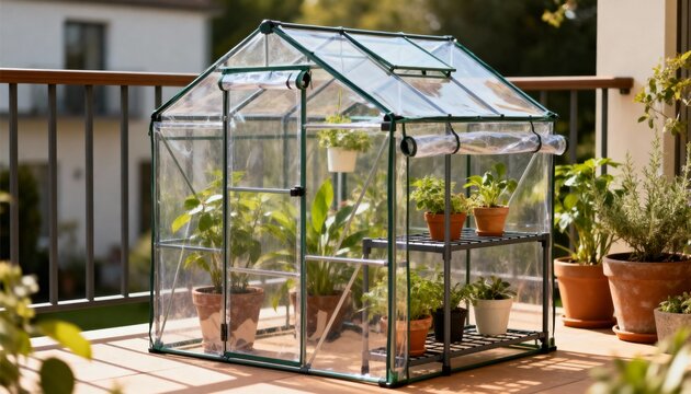 Medium shot of a mini plugandplay greenhouse kit setup highlighting compact design perfect for small patios and balconies