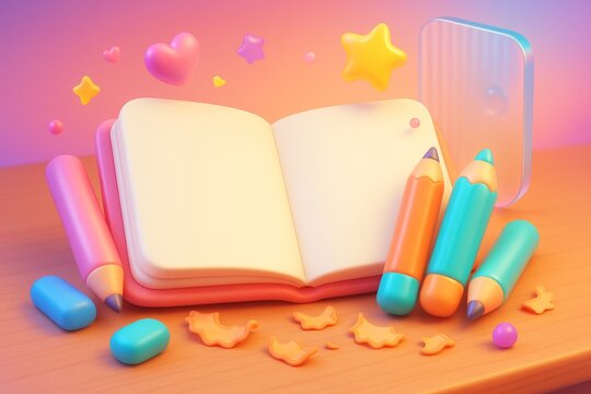 Cute colorful pencils and open notebook with floating shapes on pastel wooden table, soft light and dreamy abstract background. Ai generative. Ai generative
