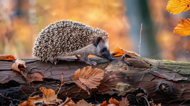 A hedgehog walking on a fallen tree in autumn leaves.
