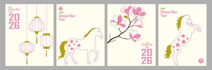 Chinese New Year 2026 greeting card set. Modern minimalist horse zodiac design with lanterns and floral elements. 