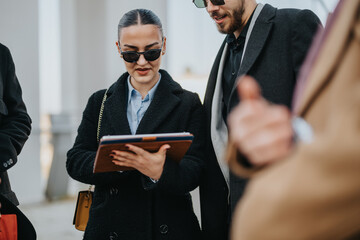 Two stylish coworkers wearing sunglasses examine a tablet while standing outside an urban location.