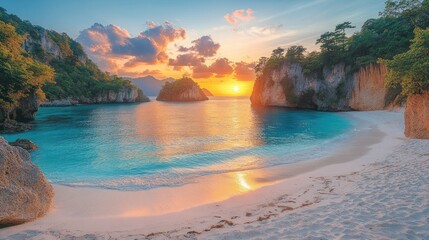 Serene sunset over a tropical beach with turquoise water and white sand.