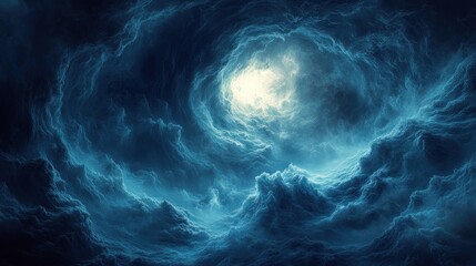 Dark swirling clouds with a bright light at the center, creating a dramatic, ethereal scene.