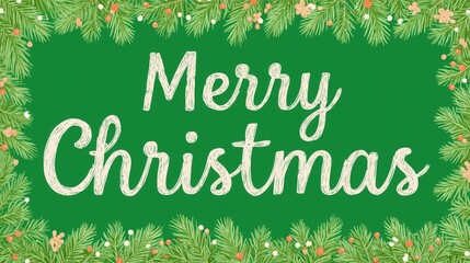 Christmas, wallpaper, poster, banner-ready festive text: white "Merry Christmas" script lettering framed by pine branches, berries and flowers on green background, ideal for holiday decor