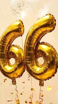 Golden foil "66" balloons with floating confetti and balloons for a birthday or special occasion