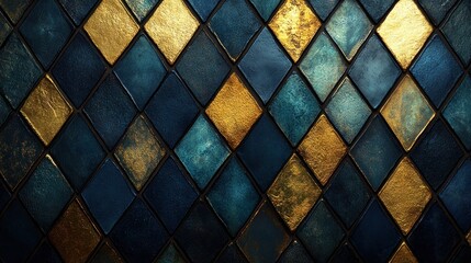 Abstract blue and gold diamond tile pattern background.