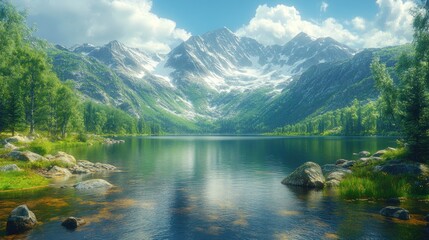 Serene mountain lake reflecting snow-capped peaks under a bright sky.