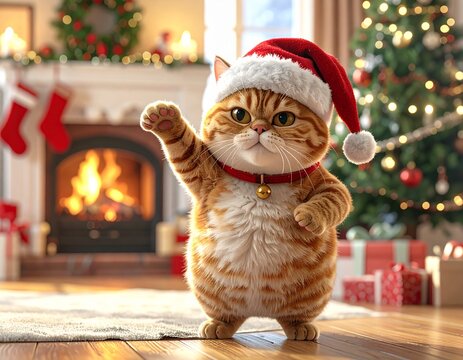 A grumpy, chubby tabby cat standing on its hind legs, wearing a Santa hat and a red collar with a bell, in a festive living room with a lit fireplace and decorated Christmas trees.