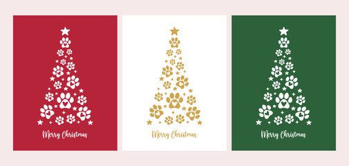 Merry Christmas Vector Card with Animal Footprint Christmas Tree