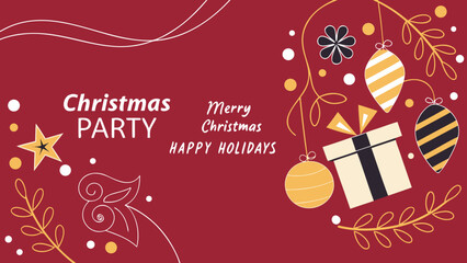Merry christmas party glass ball and gift box for flyer brochure design on red background invitation theme concept. A festive red Christmas vector poster with a glowing bokeh template. Happy holiday 