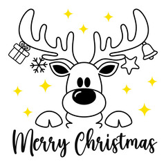 Merry Christmas and Happy New Year, reindeer antlers, golden stars, snowflakes