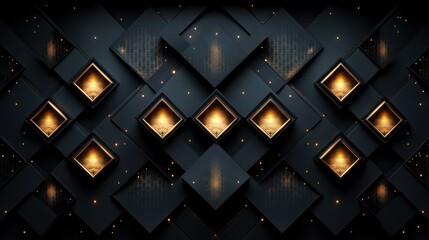Abstract dark geometric background with glowing golden elements.