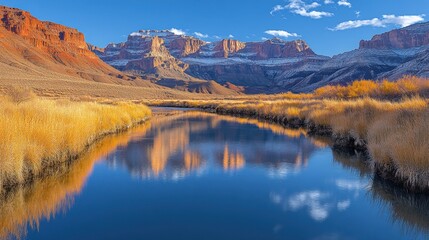 Fototapeta premium Calm river reflecting autumnal colors and snow-capped mountains under a clear blue sky.