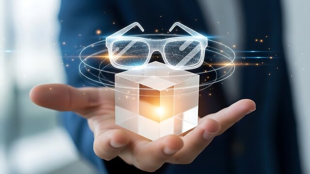 Close-up of a hand holding an illuminated cube and virtual reality glasses, representing advanced technology, metaverse connection, and future digital innovation