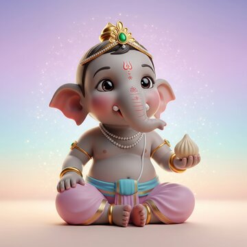 Baal Ganesha. Cute Semi-Realistic Child Form with Pastel Sparkle Glow.
