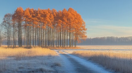 Frosty winter landscape with orange trees and a dirt road.