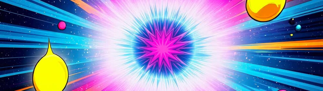 Vibrant abstract explosion expanding with colorful bubbles in a dynamic comic space.