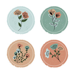 cute hand drawn whimsical floral illustration sticker set with pastel colors and rustic circle frames for craft and design projects