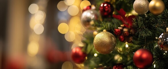 The Christmas tree adorned with red and gold baubles and warm bokeh lights