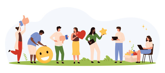 Fototapeta premium Group of diverse tiny people interacting with feedback icons like thumbs up, smiley, heart, star, and working with laptops, symbolizing consumer service isolated vector illustration