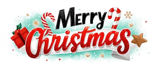 Christmas, wallpaper, poster, banner-ready festive text: bold black and red "Merry Christmas" lettering with candy canes, gift, holly, stars, snowflakes on mint blue splatter background