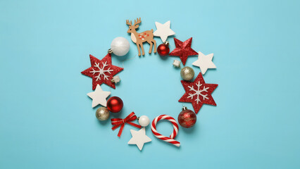 Christmas, holiday, decorations, ornaments, wreath, reindeer, stars, baubles, candy cane, festive, design