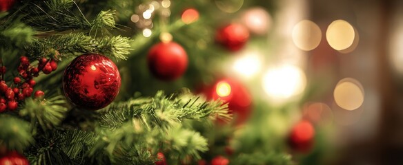 Fototapeta premium The Christmas tree adorned with red baubles and warm glowing bokeh lights